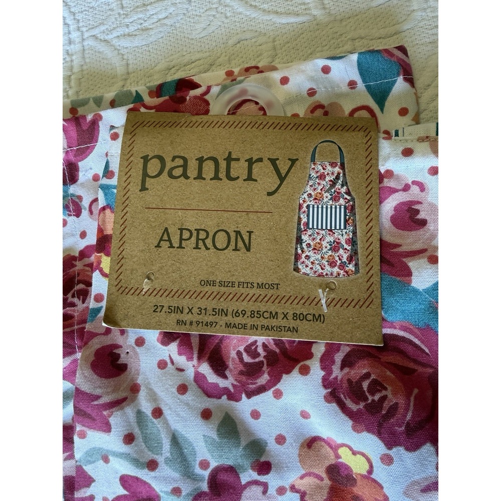 Pantry Floral Cotton Kitchen Apron Roses Teal Stripe Pocket Cottage Farmhous NWT
